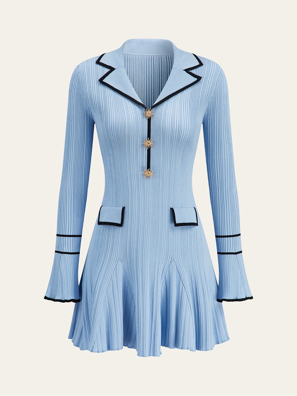 COMMENSE Light Blue Ribbed Knit Long-Sleeve Dress with Black Contrast Trim